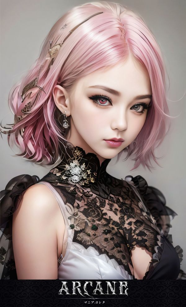 heterochromia,Mania Carta,drawing,women,pink hair,portrait