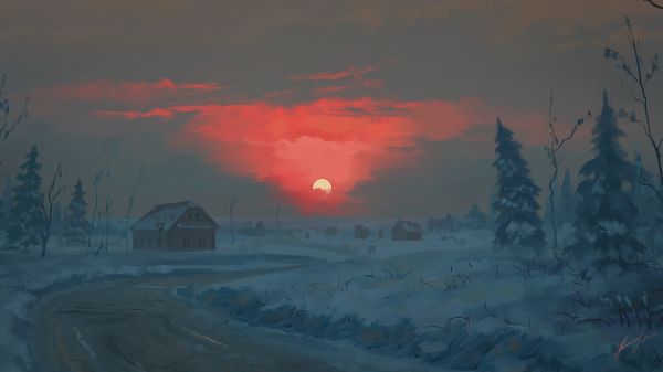 solnedgang,himmel,soloppgang,landskap,maleri,snø