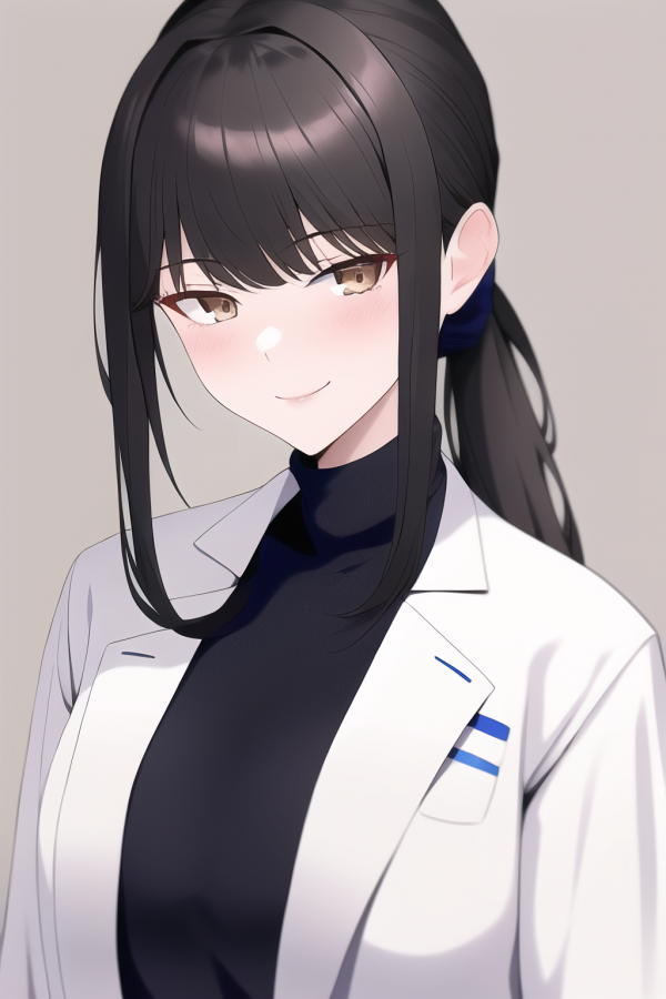 anime girls,black hair,brown eyes,ponytail,smiling,white coat