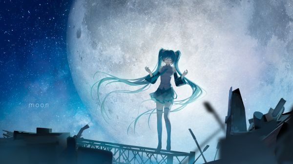 Hatsune Miku,Vocaloid,Twintails,Blaue Haare,Mond,Nacht-