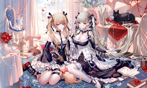 Azur Lane,pembantu,Kucing hitam,Formidable Azur Lane,two women,kucing