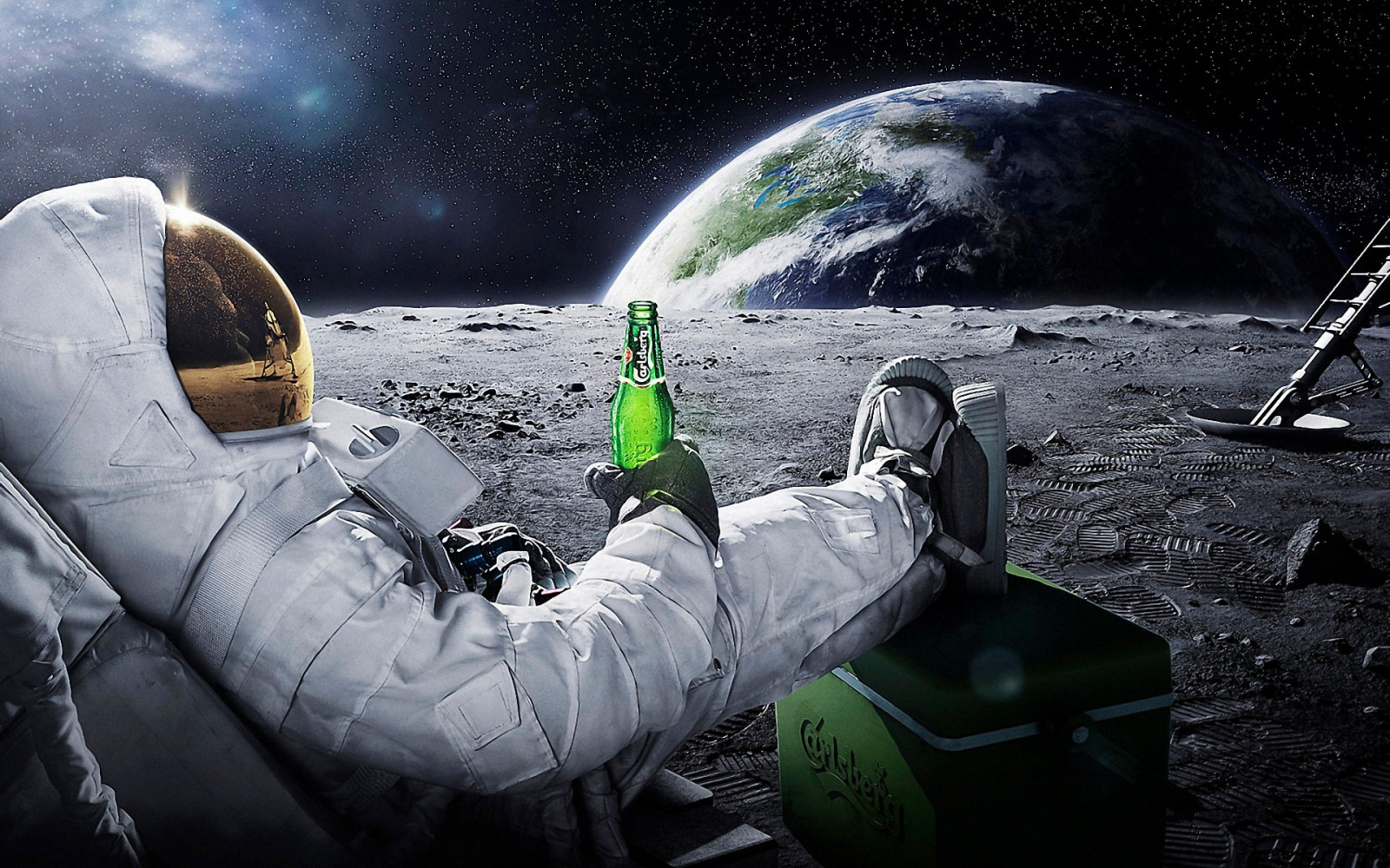 1920x1200 px, astronauter, öl, Carlsberg, jord, landning, Måne, yttre, avkopplande, rymden