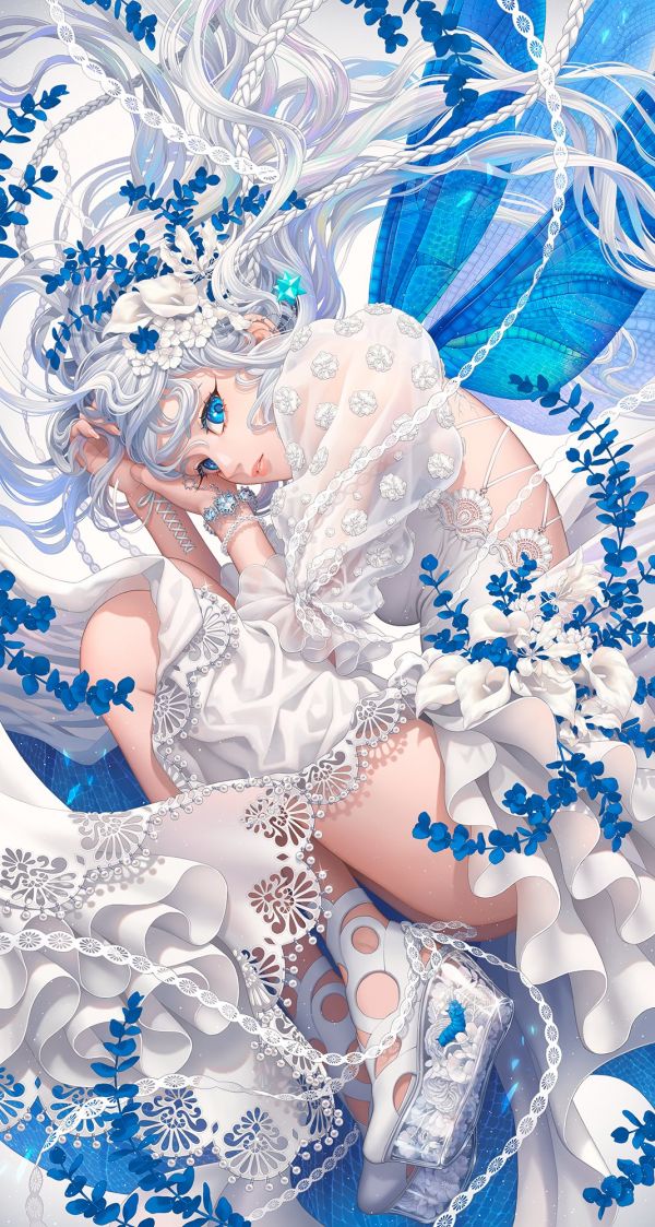 Porträtanzeige,Anime Mädchen,blaue Augen,weißes Haar,Minami,weißes Kleid