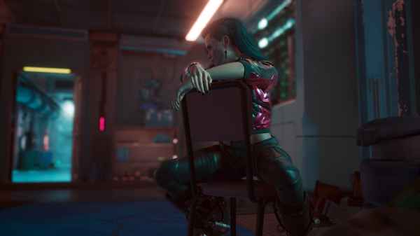 Cyberpunk 2077,caracter Rogue,ședință,scaun,par albastru,pantaloni de piele