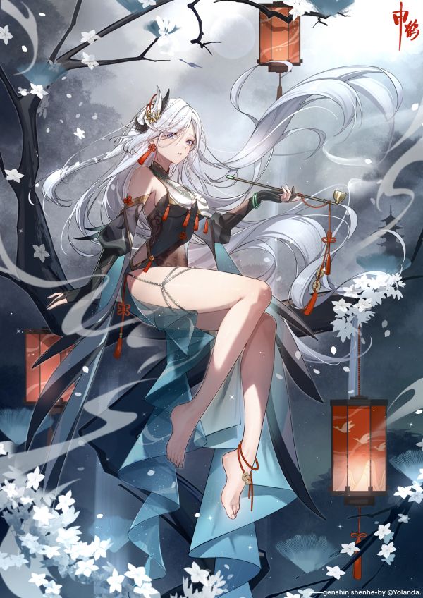 artwork,anime,anime girls,Genshin Impact,Shenhe Genshin Impact,white hair