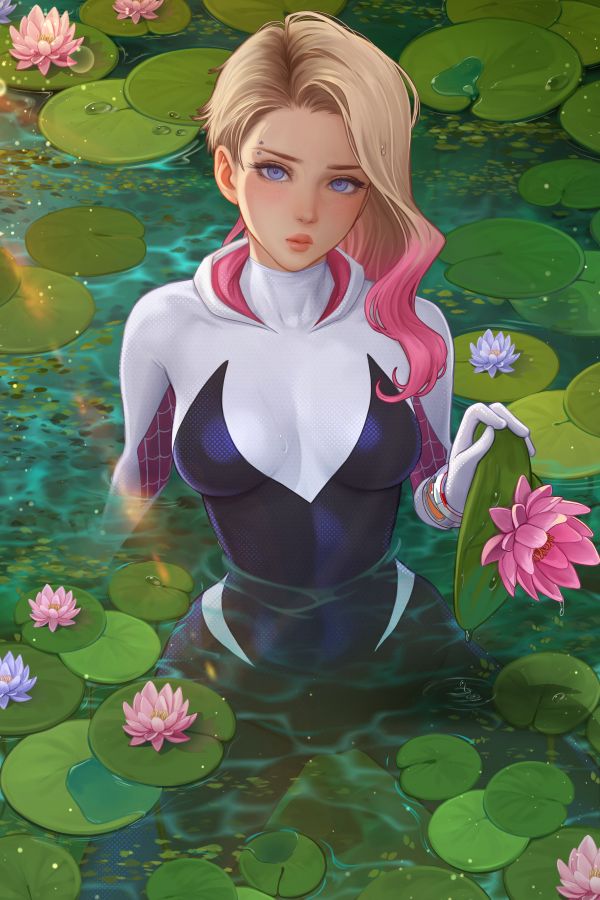 dyed hair,Gwen Stacy,Spider Gwen,Marvel Comics,blonde,water lilies