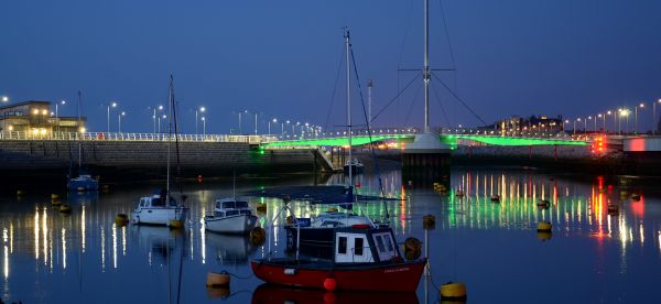 lights, boat, sea, cityscape, night, reflection