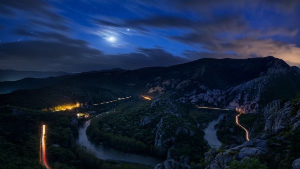 panorama, montanhas, noite, Árvores, Luzes, floresta