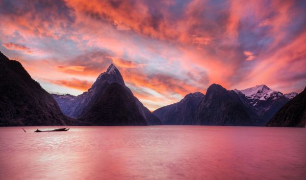 Milford Sound,Nouvelle-Zélande,HDR,rose,le coucher du soleil,fjord