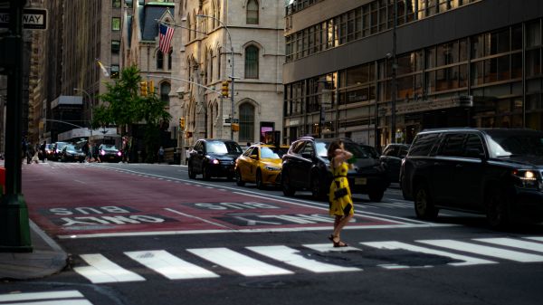 yellow dress,crosswalk,crossing street,New York City,taxi