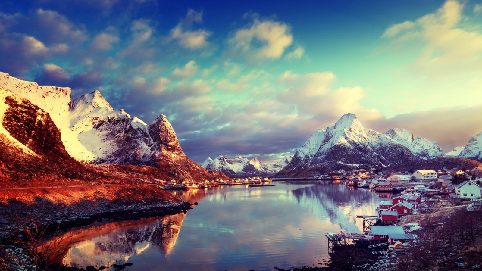 montanhas, panorama, rio, neve, raios solares, cair, Lofoten, Noruega