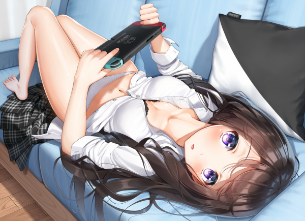 original characters,cleavage,panties,violet eyes,Nintendo Switch,school uniform