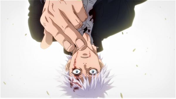 Jujutsu Kaisen,Satoru Gojo,hvitt hår,blå øyne,uniform,hender