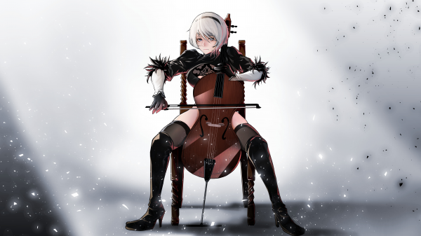 2B Nier Automata,Nier Automaty,NieR,hudební nástroj,židle,sitting on chair