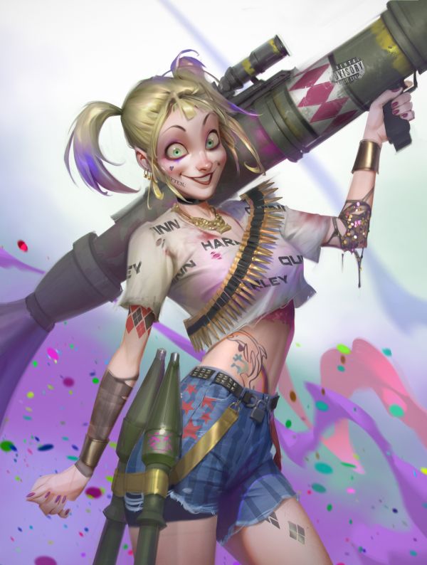 Kunstwerk,Harley Quinn,Frau,lächelnd,blond,Bauch