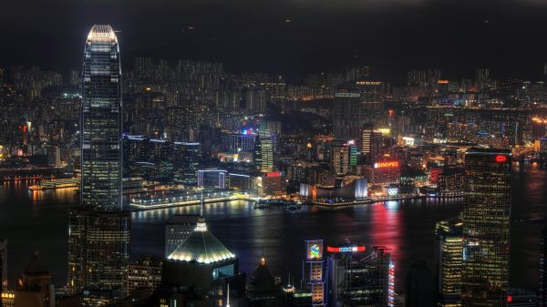 Stadt, Stadtbild, Hongkong, Nacht-, China, Betrachtung