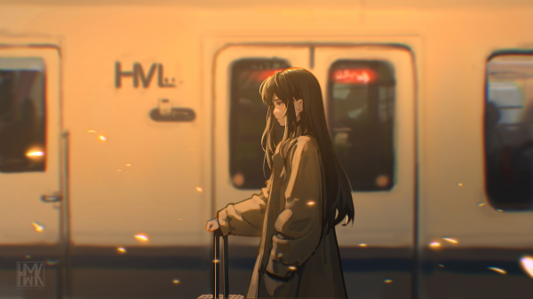 anime girls,train station,Hua Ming wink