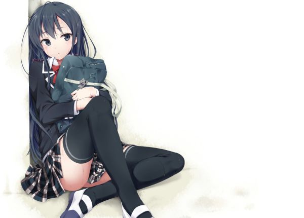 anime, animemeisjes, spotprent, zwart haar, dij highs, schooluniform