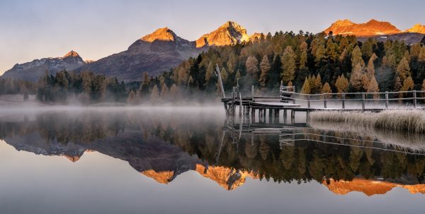 järvi,valokuvaus,Sveitsin Alpeilla,Sveitsi,vuoret,auringonnousu