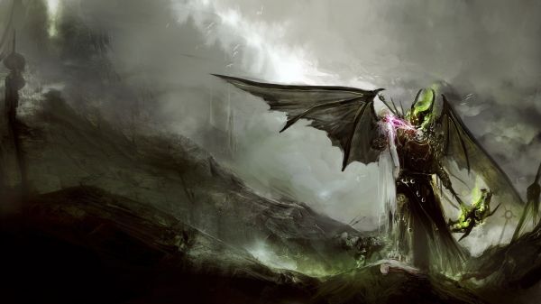 Arte fantasía, dragón, alas, DeviantArt, niebla, espada