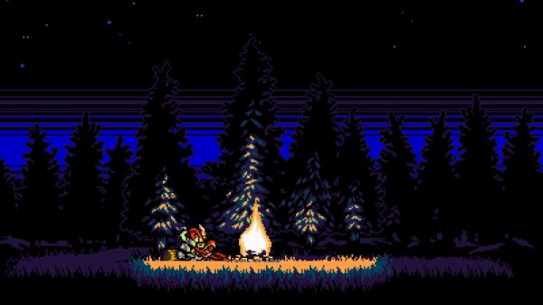 pixel art,fire,night,forest,Shovel Knight