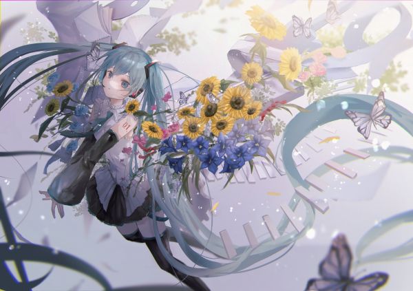 farfalla,girasoli,Hatsune Miku,fiori,capelli lunghi,high angle