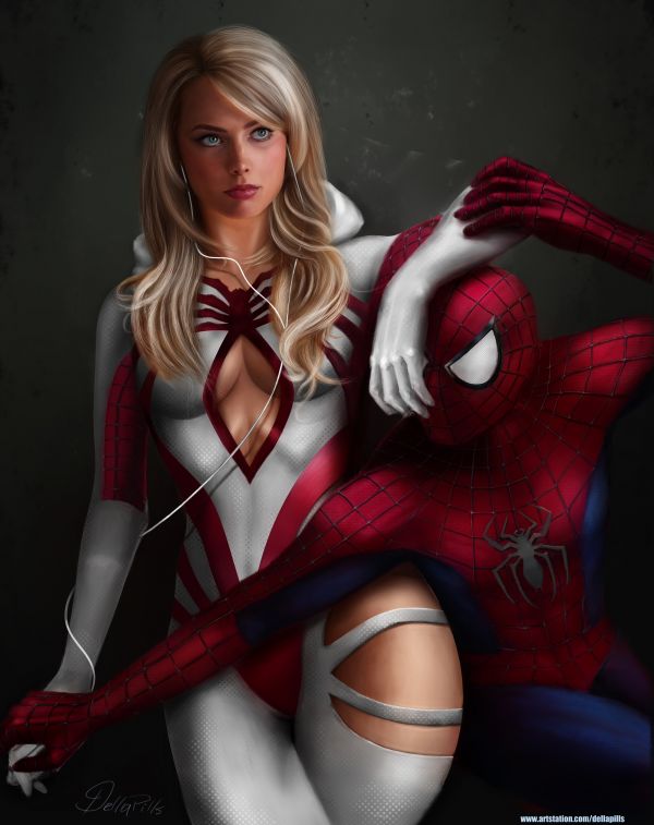 Margot Robbie,Spider Gwen,Spider Man,illustratie,tekening,redesign