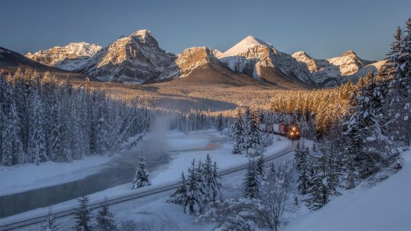 landscape,trees,forest,mountains,sky,snow