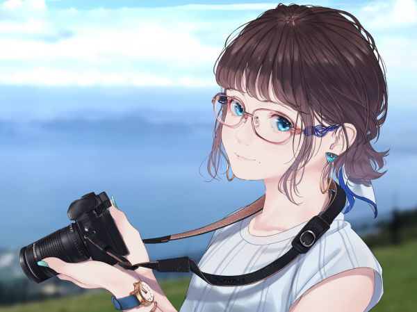 anime,anime girls,photographer,glasses,blue eyes,brunette