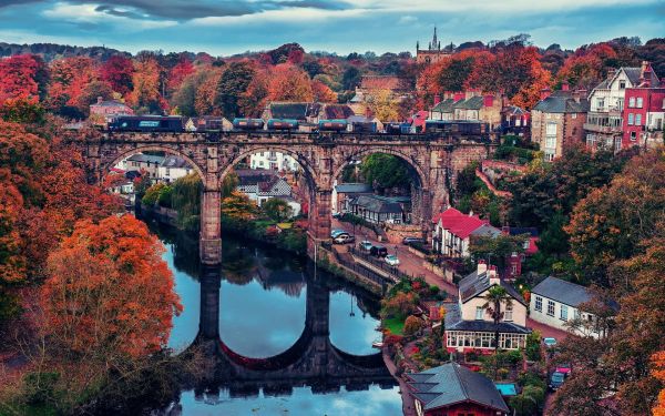 Inglaterra,Knaresborough Viaduct,tren,puente,río,reflexión