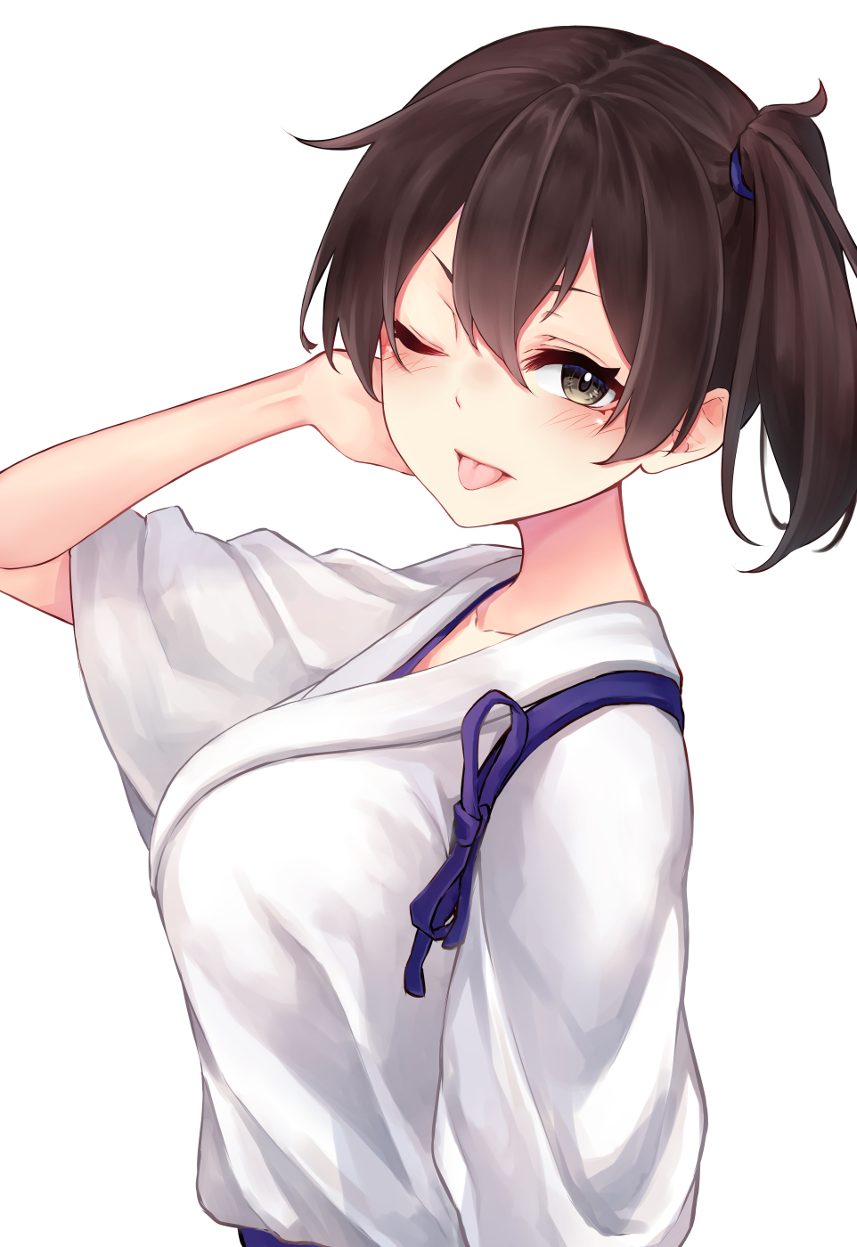 Anime, Anime girls, Kantai Koleksiyonu, Kaga KanColle, esmer, Side ponytail, solo, Japon kıyafetleri, Resim, dijital sanat, Fan sanat, Basit arka plan, Beyaz arkaplan, tongue out, Minimalizm, Kızarma, Izleyiciye bakmak, kısa saç, at kuyruğu