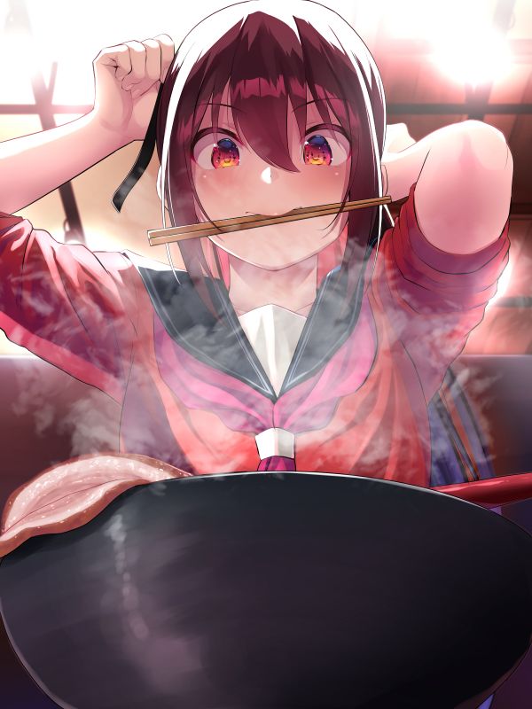 looking below,アニメ,hair ribbon,Tied Hair,赤い目,赤毛