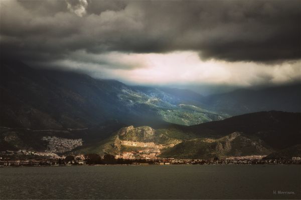 sunlight,sea,cloud,Sun,mountain,seascape