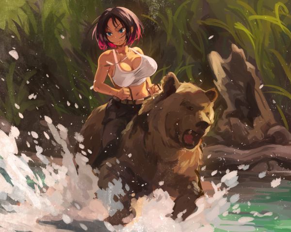 anime girls,Water Splash,bears,river,cleavage,khyleri