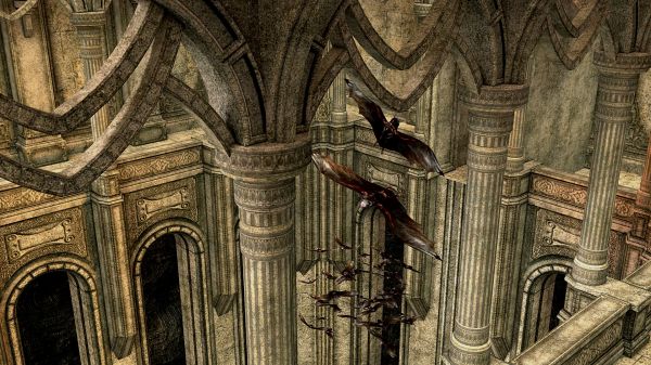 digital art,architecture,castle,interior,bats,flying