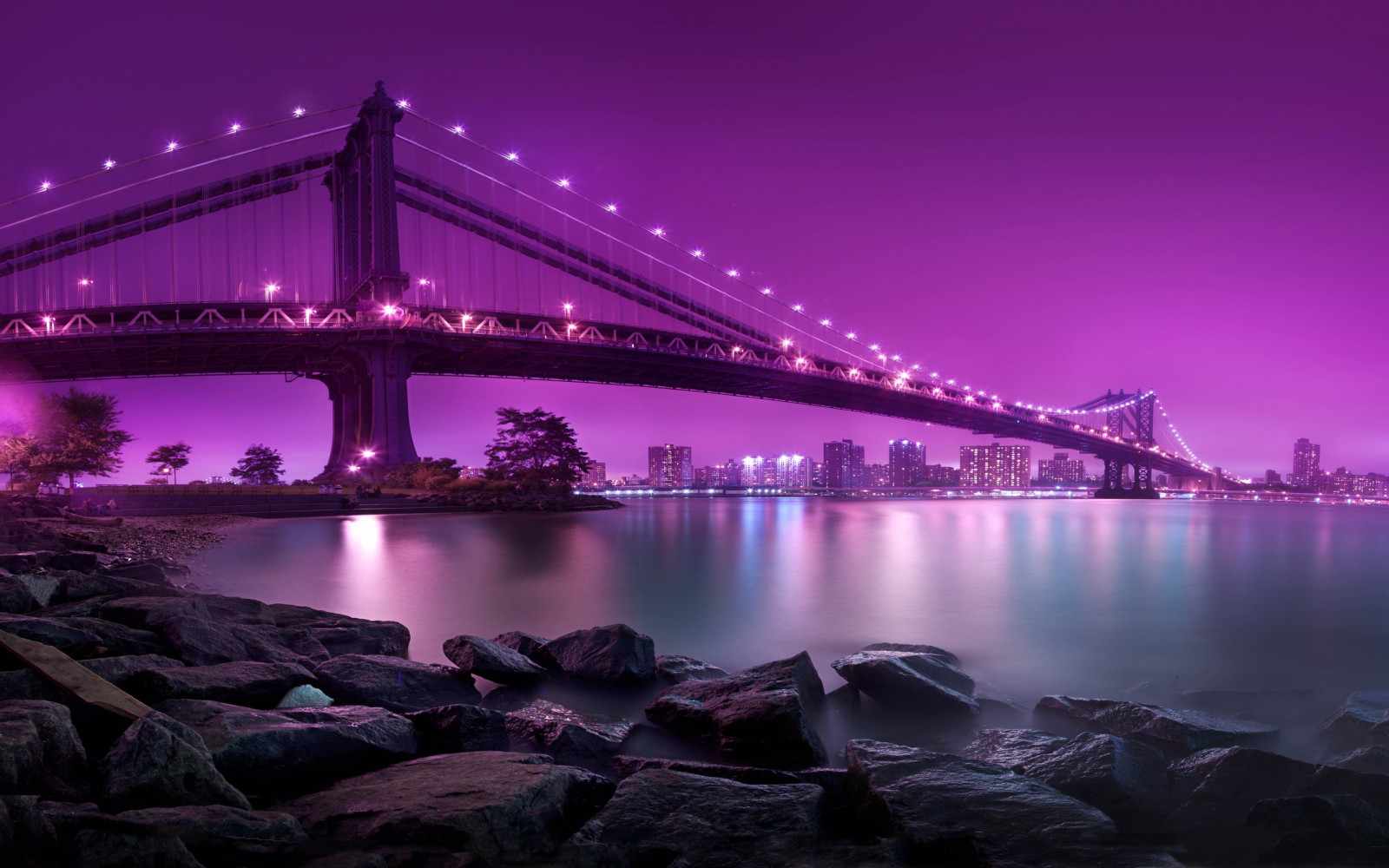 lys, hav, bybilledet, nat, klippe, afspejling, lilla, solopgang, aften, bro, flod, New York City, skumring, Manhattan, Manhattan Bridge, Brooklyn, daggry, milepæl, 2560x1600 px, nonbuilding struktur