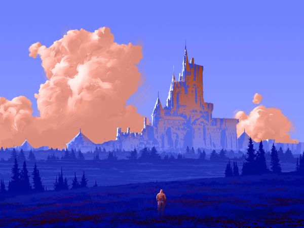 artwork,digital art,castle,nature,trees,clouds