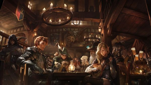 tavern,fantasy art,pointed ears,candles