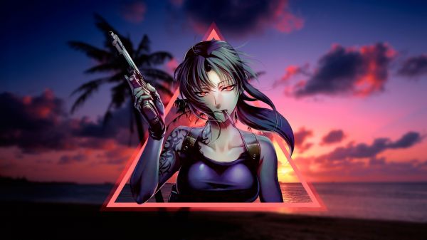 1920x1080 px,anime girls,l'oceano Pacifico,Black Lagoon,palme,pistola