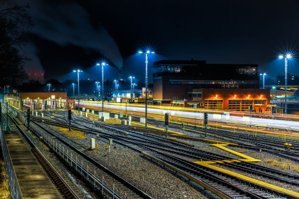 noc, architektura, nebe, pouliční osvětlení, město, panoráma města