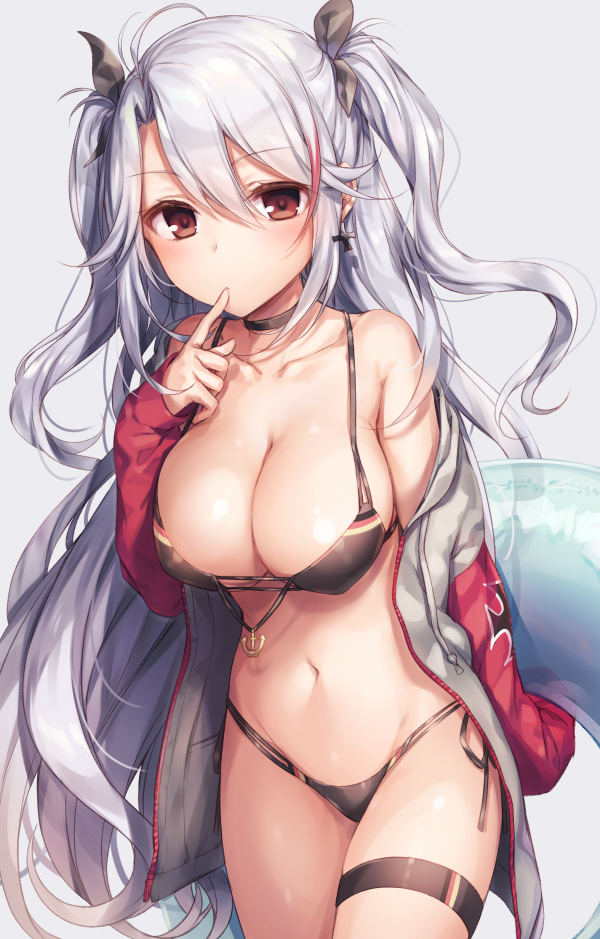 fehér háttér,Azur Lane,hasadás,bikini,nyitott ing,Prinz Eugen Azur Lane