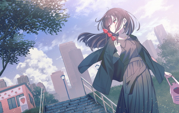 animeflickor,koh rd,utomhus,kvinnor utomhus,hair blowing in the wind,himmel