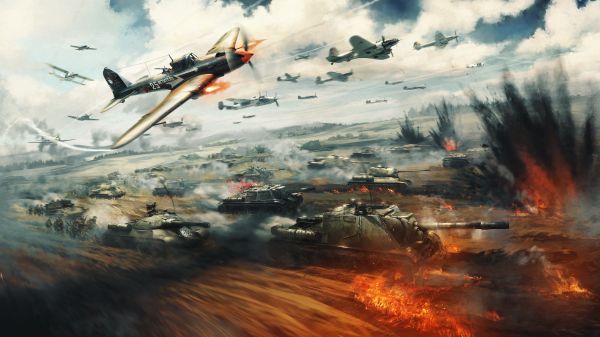 airplane,tank,explosion,military vehicle,fire,clouds