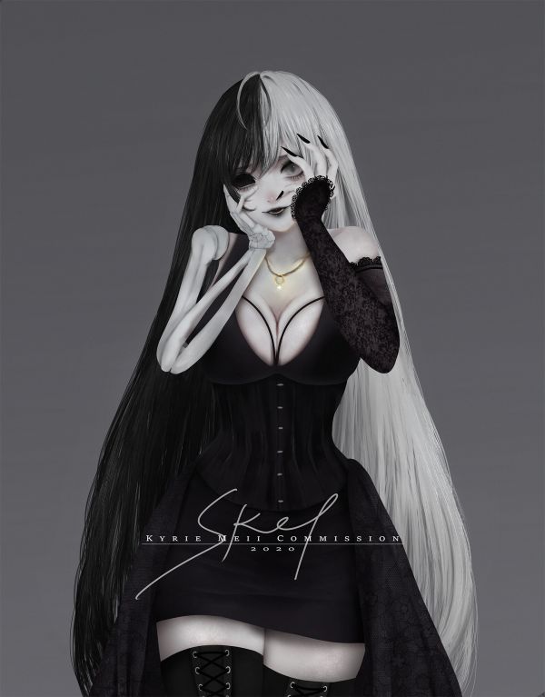 Anime,Anime Mädchen,schwarzes Haar,dunkles Haar,Kyrie Meii,weißes Haar