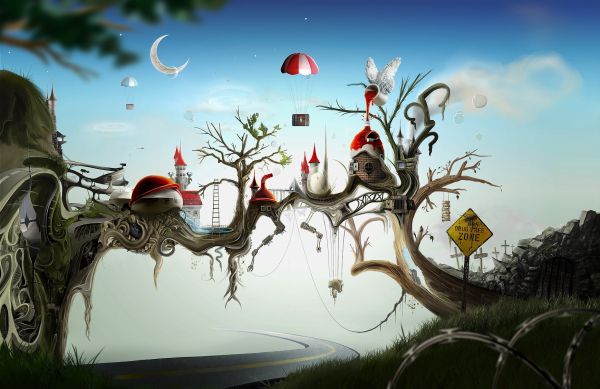 alberi,arte digitale,Fantasy art,filo spinato,costruzione,Ali