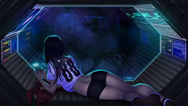 ass,long hair,neon,anime,anime girls,space