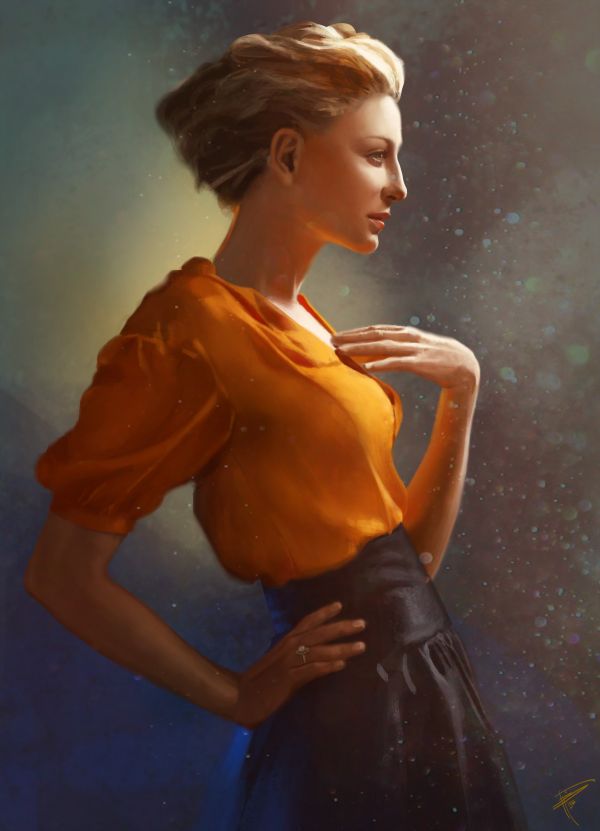 hand on chest,Frau,Porträtanzeige,ArtStation,Zeichnung,blond