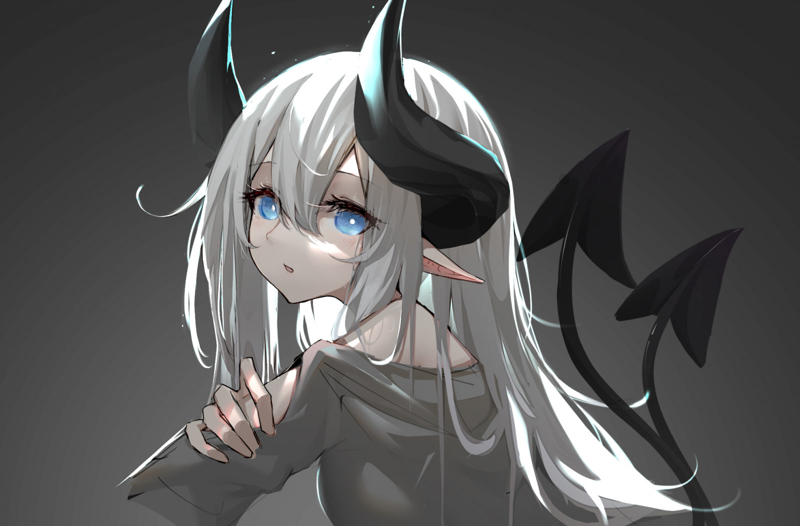 The sound of painting, anime, anime jenter, demon jenter, demon tail, demon horn, pointy ears, ser på betrakteren