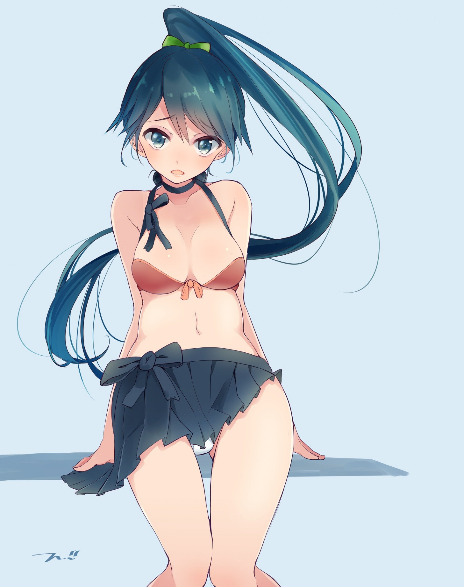 Illustration, lange Haare, Anime, Anime Mädchen, Blaue Haare, Karikatur, Kantai-Sammlung, schwarzes Haar, Spaltung, Haar, Mund, Bikini, offenes Hemd, Badebekleidung, Kleidung, Houshou KanColle, Frisur, skizzieren, Mangaka