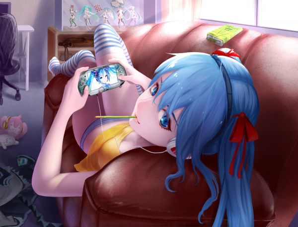 anime,soffa,blå,tecknad serie,Vocaloid,Hatsune Miku